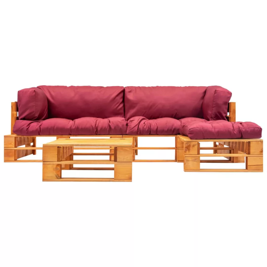 4-tlg. Garten-paletten-sofagarnitur Mit Roten Kissen Holz günstig online kaufen