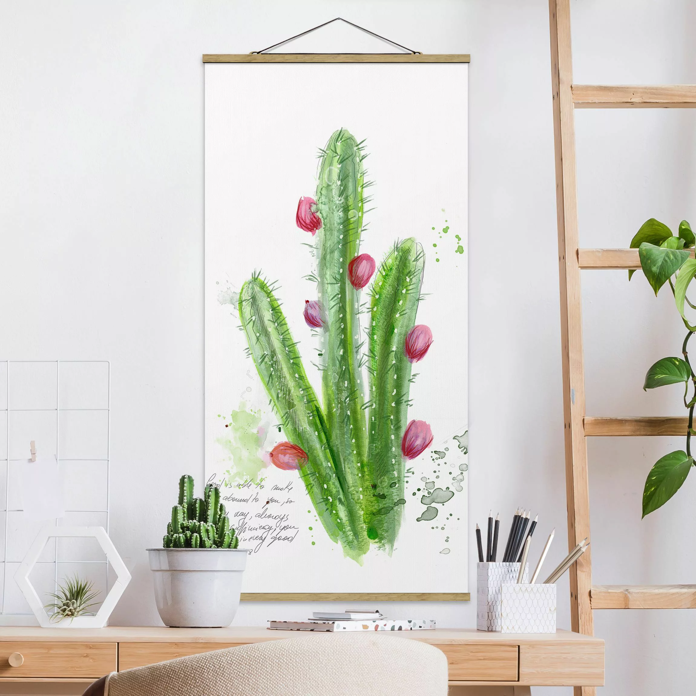 Stoffbild Blumen mit Posterleisten - Hochformat Kaktus mit Bibelvers II günstig online kaufen