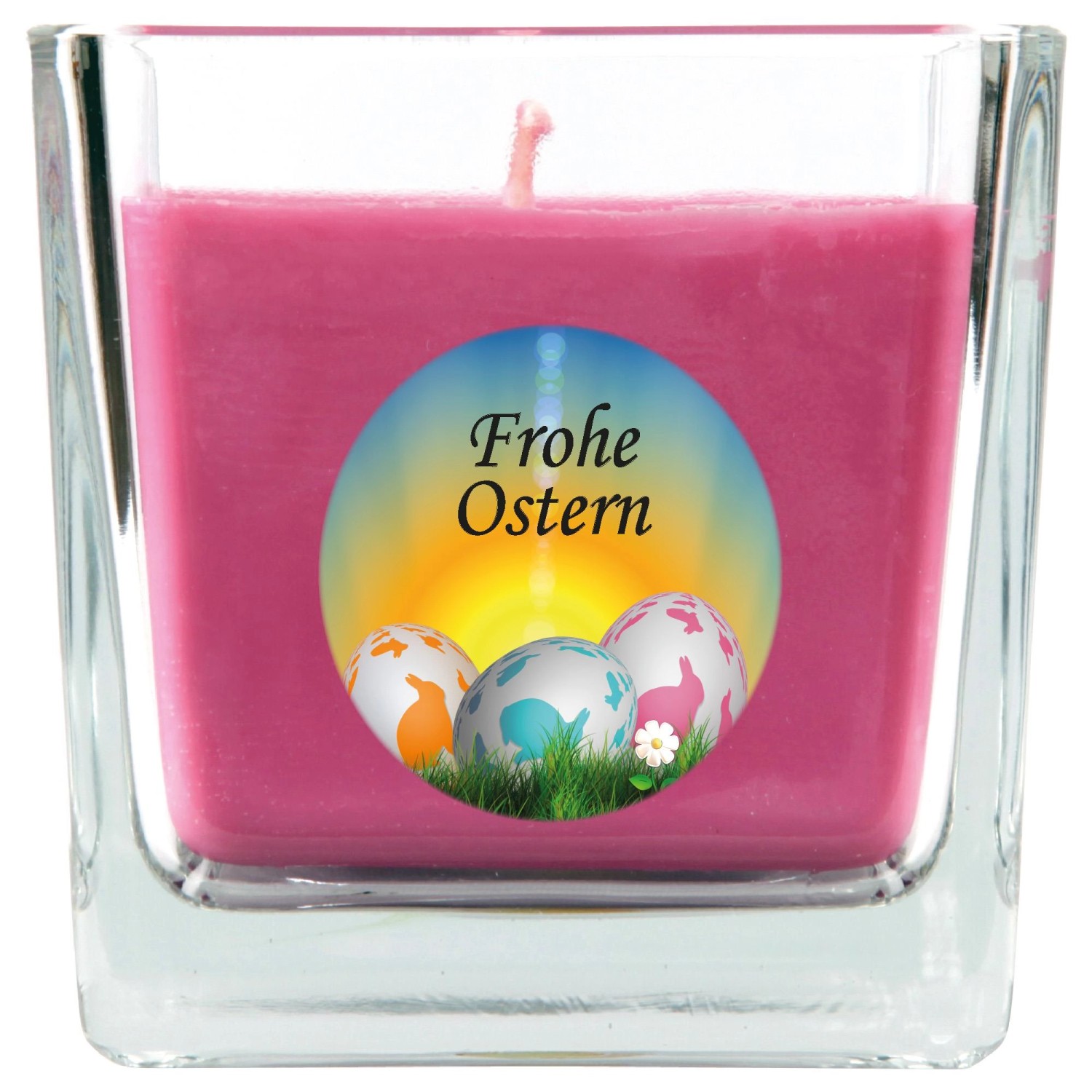 HS Candle Duftkerze & Glas Frohe Ostern Viereck 8 x 7,5cm Lavendel Ostereie günstig online kaufen