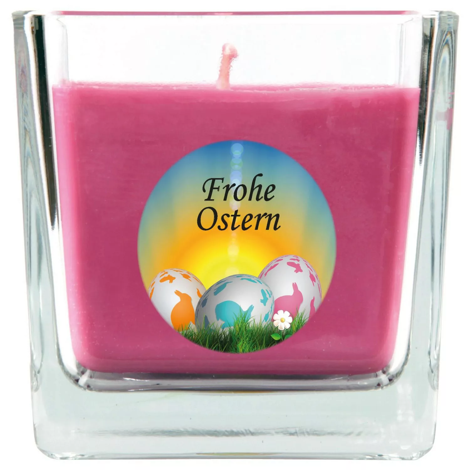 HS Candle Duftkerze & Glas Frohe Ostern Viereck 8 x 7,5cm Lavendel Ostereie günstig online kaufen