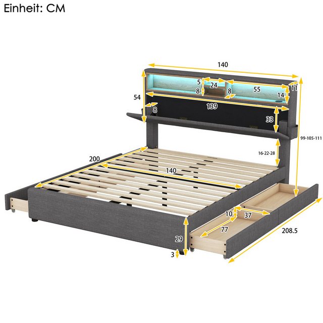 TavilaEcon Polsterbett Jugendbett Doppelbett mit aufladen USB und LED-Beleu günstig online kaufen