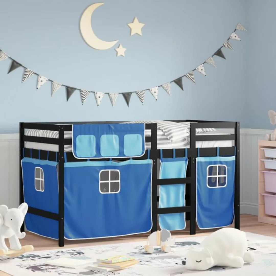 vidaXL Kinderbett Kinderhochbett mit Vorhängen Blau 90x200 cm Massivholz Ki günstig online kaufen