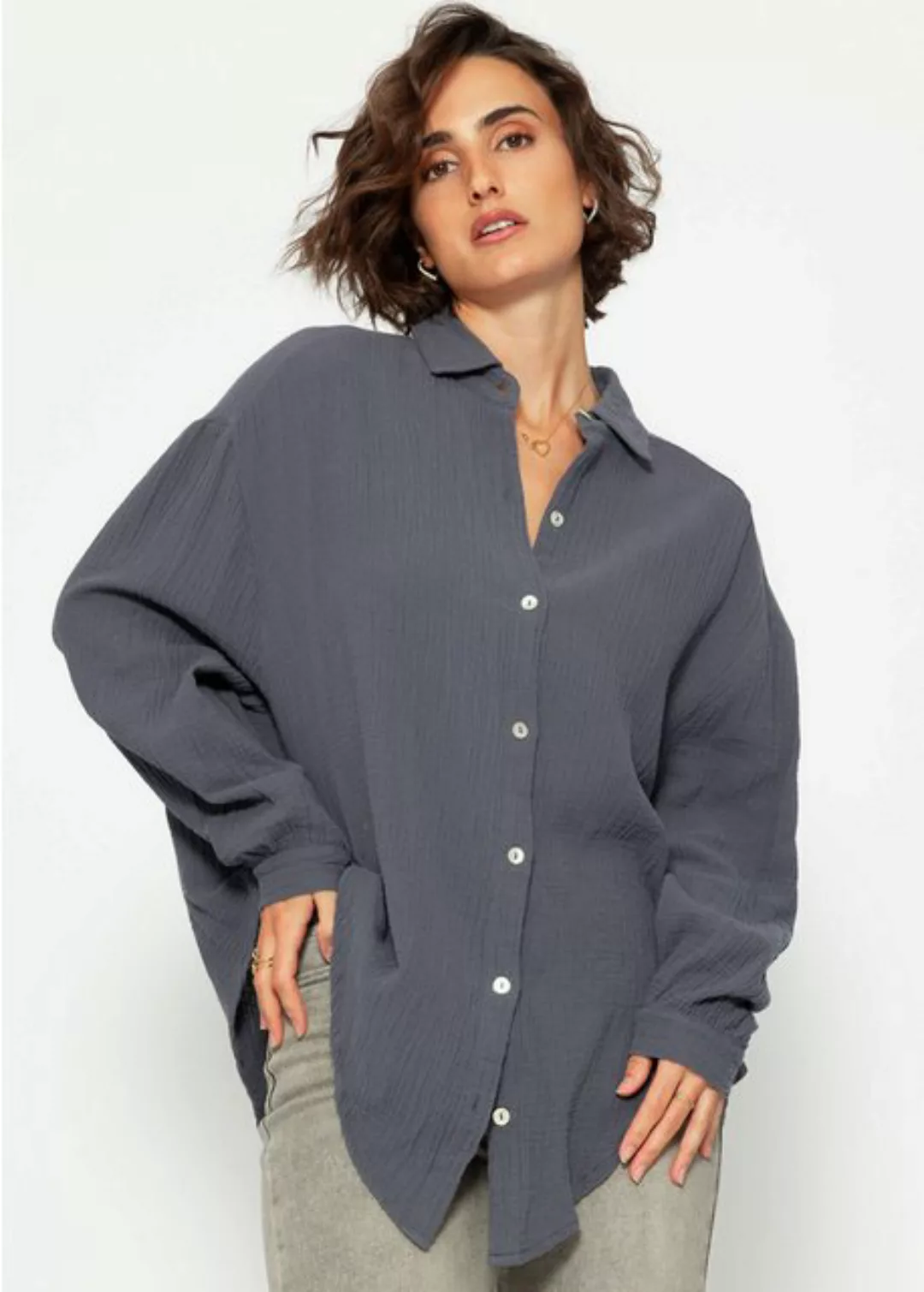 SASSYCLASSY Longbluse Oversize Musselin Bluse Damen kurz Langarm Elegant He günstig online kaufen