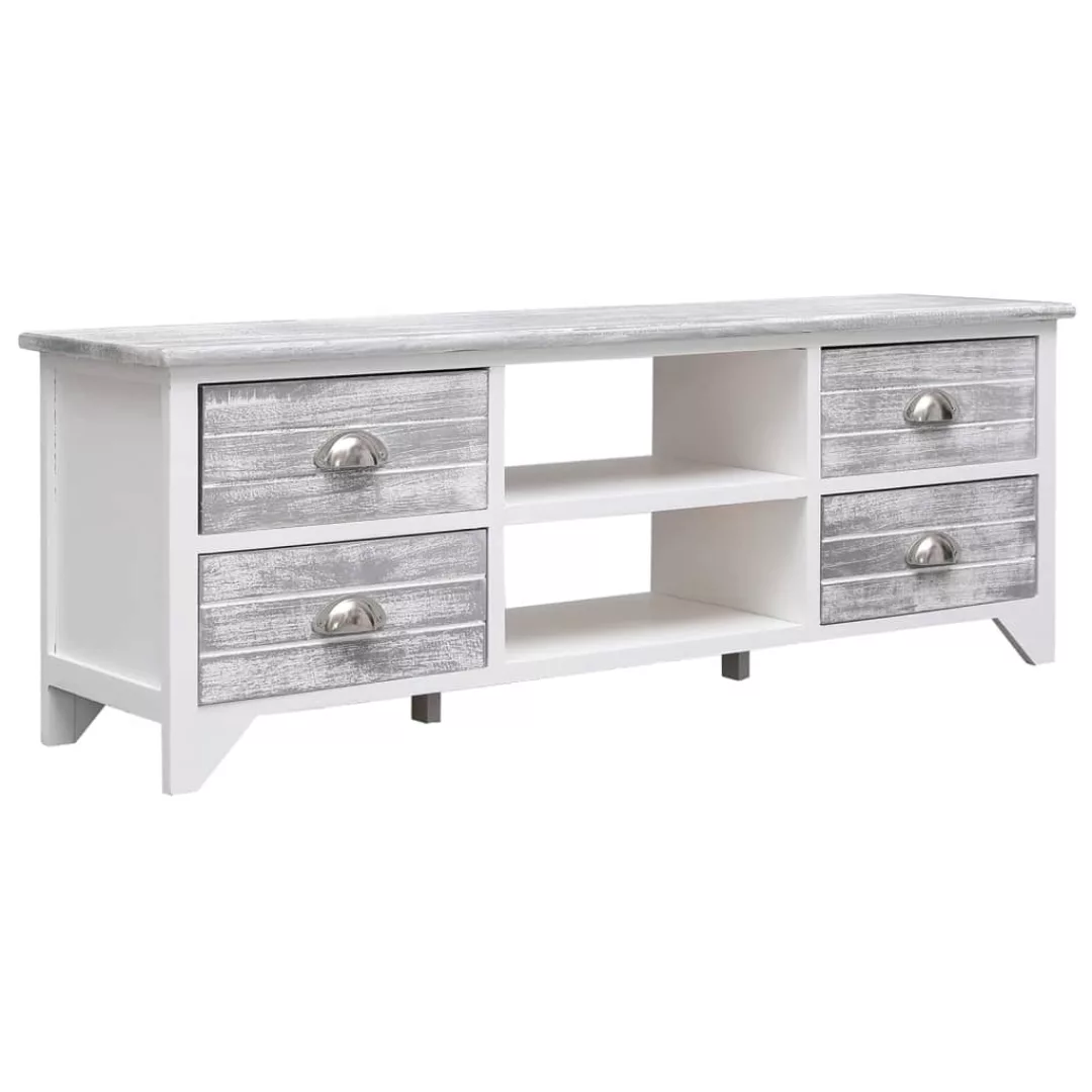 Tv-schrank Weiß Und Grau 108x30x40 Cm Massivholz Paulownia günstig online kaufen