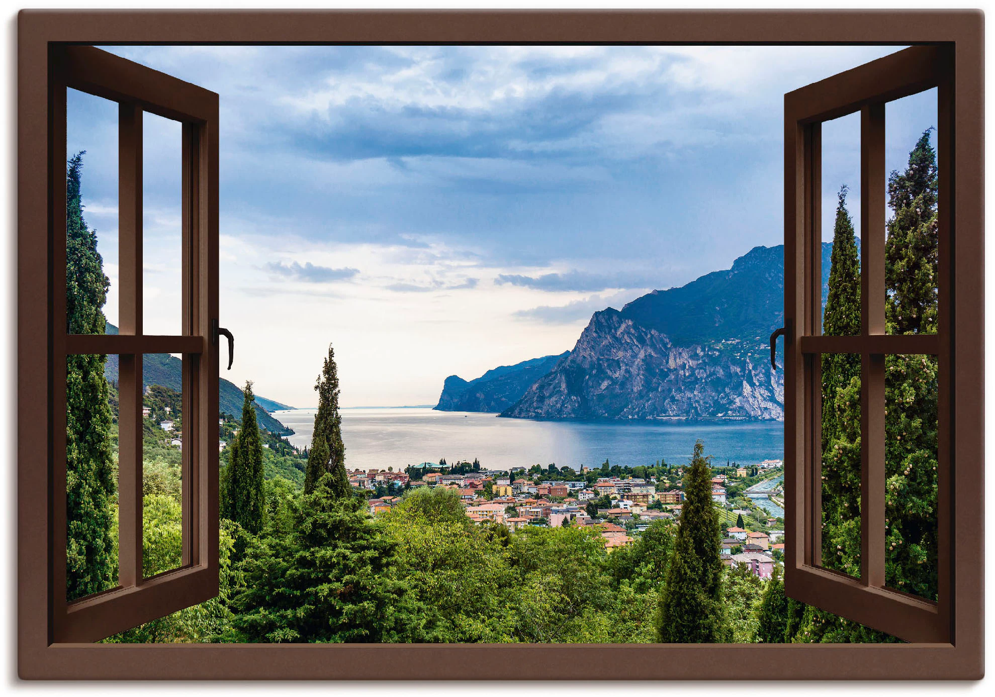 Artland Wandbild "Gardasee durchs braune Fenster", Seebilder, (1 St.), als günstig online kaufen