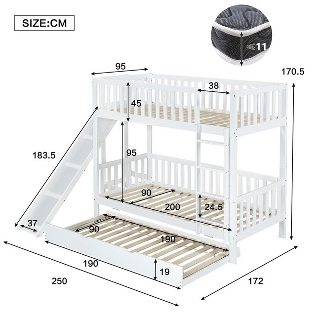 Flieks Etagenbett, Dreierbett Kinderbett 90x200cm mit Ausziehbett 90x190cm günstig online kaufen