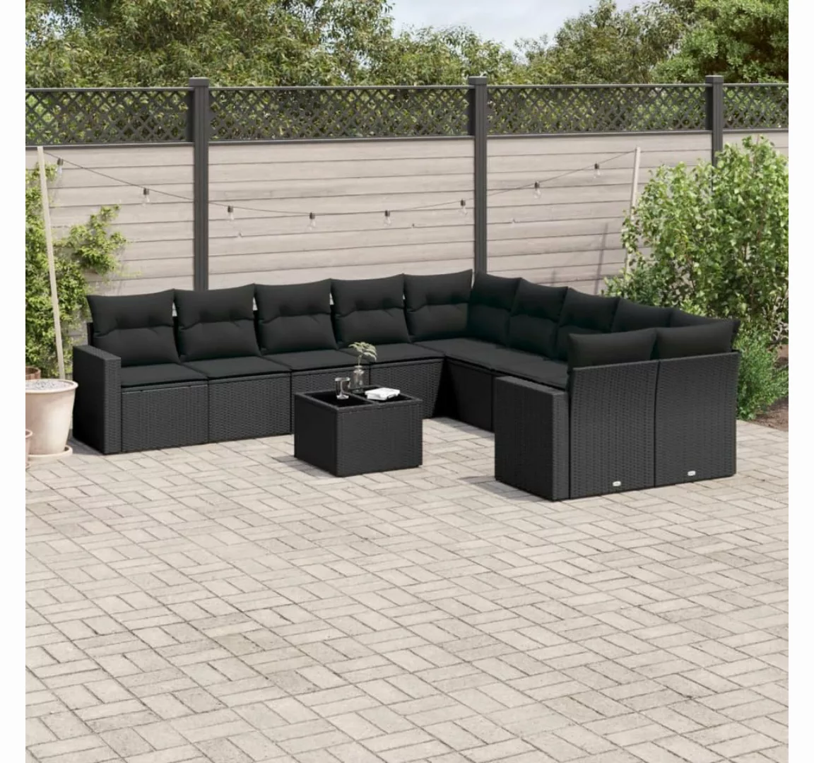 vidaXL Loungesofa 11-tlg. Garten-Sofagarnitur mit Kissen Schwarz Poly Ratta günstig online kaufen