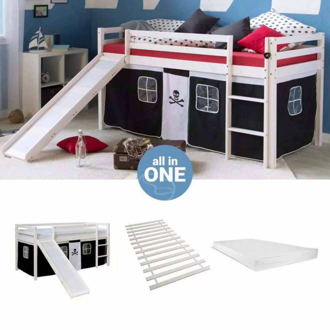 Homestyle4u Hochbett 90x200 cm Kinderbett Weiß mit Vorhang Spielbett für 1 günstig online kaufen