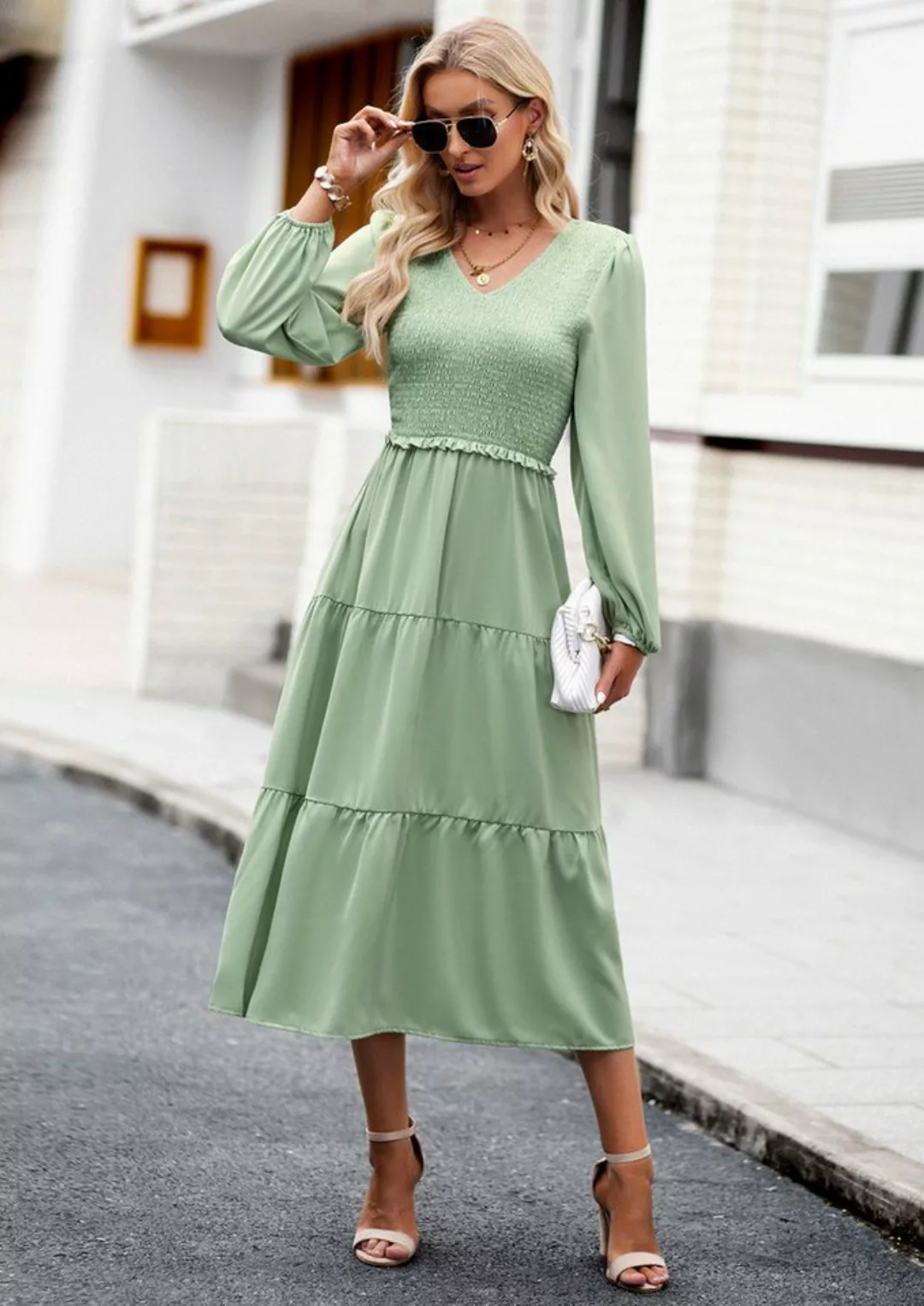 DEBAIJIA Dirndl Langärmeliges Kleid Damen Einfarbig V-Ausschnitt Elegant Fr günstig online kaufen