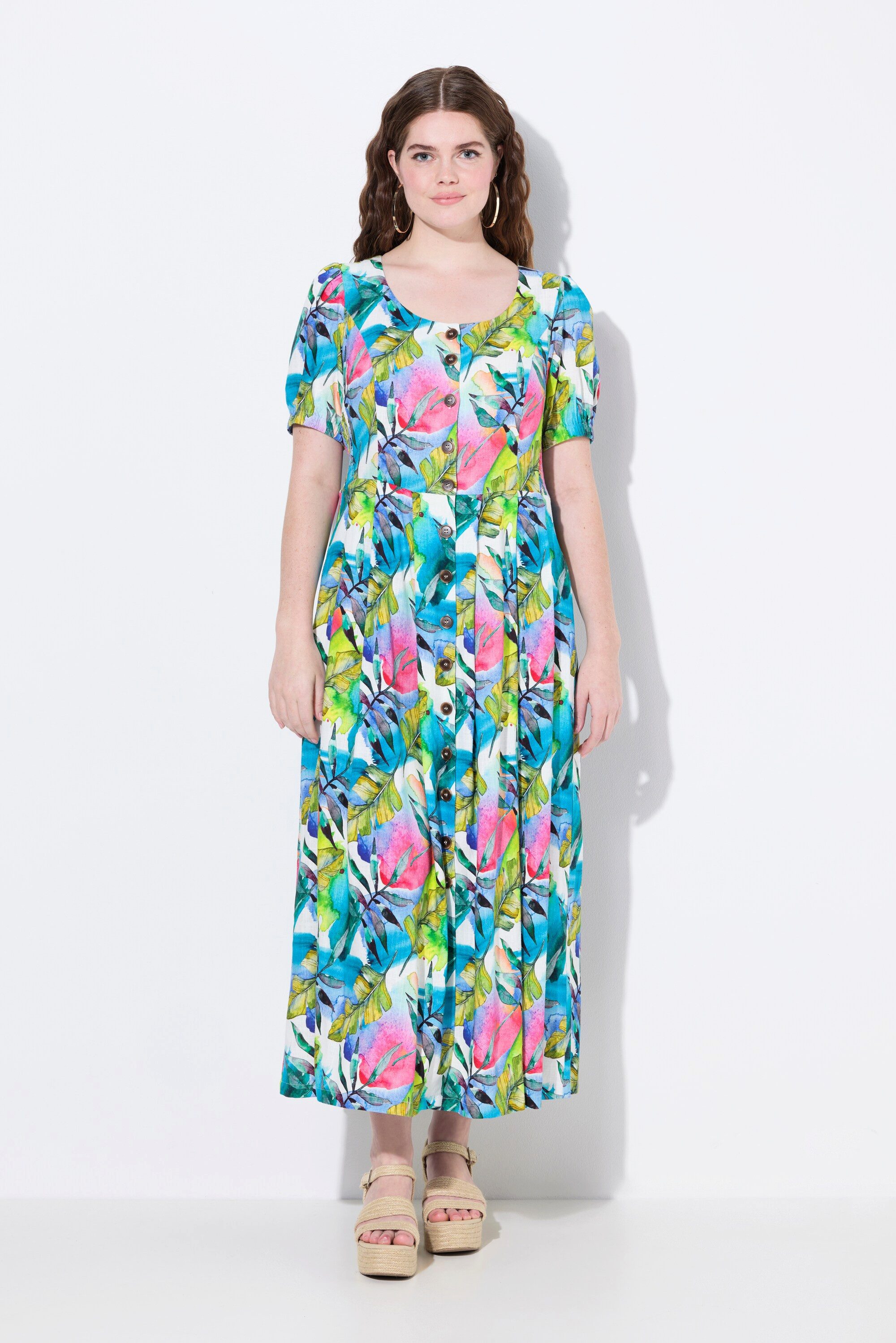 Ulla Popken Dirndl Leinenmix-Maxikleid Rundhals Halbarm günstig online kaufen