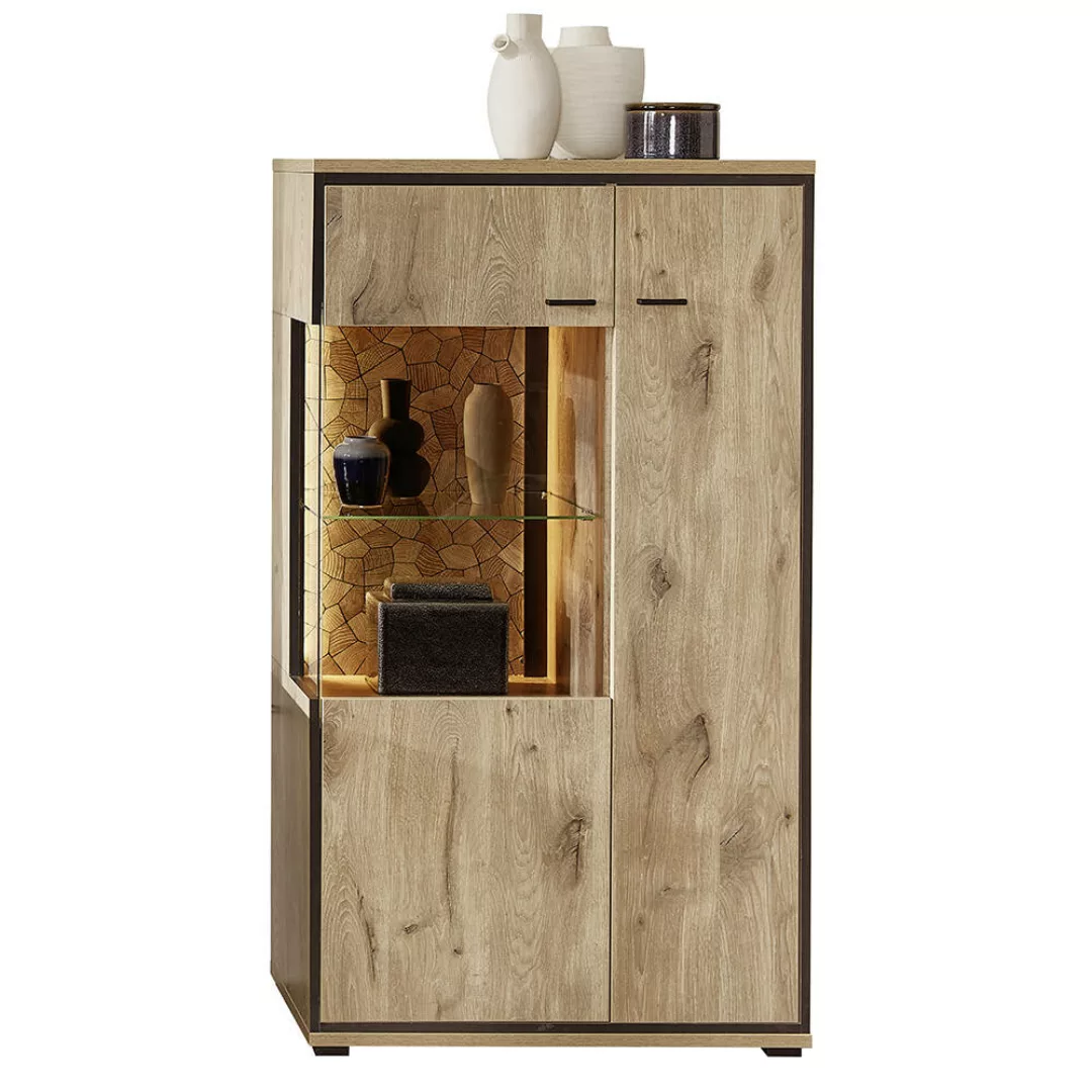 Highboard 80cm mit Beleuchtung, Eiche mit schwarz, RINGSTED-55 günstig online kaufen