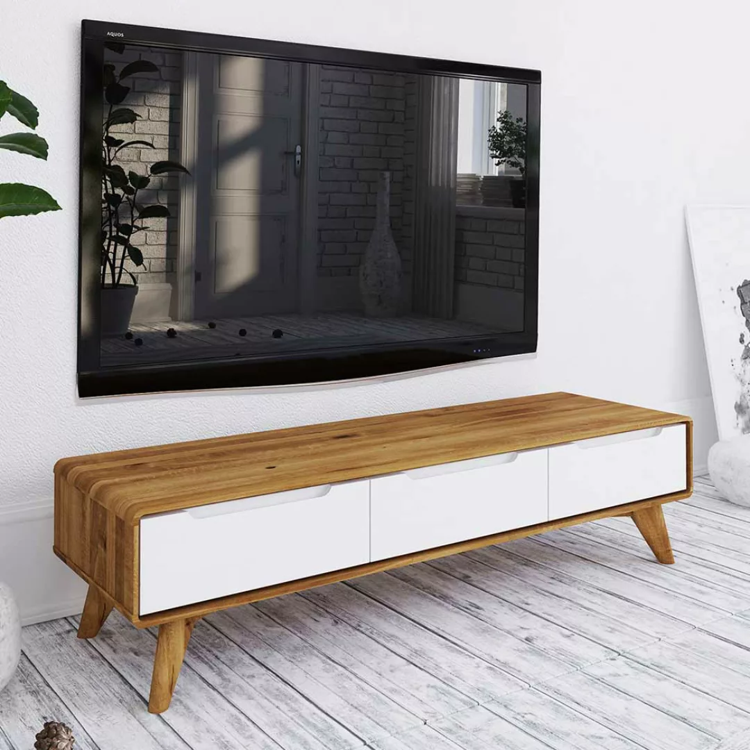 TV Lowboard in Weiß und Wildeiche drei Schubladen günstig online kaufen