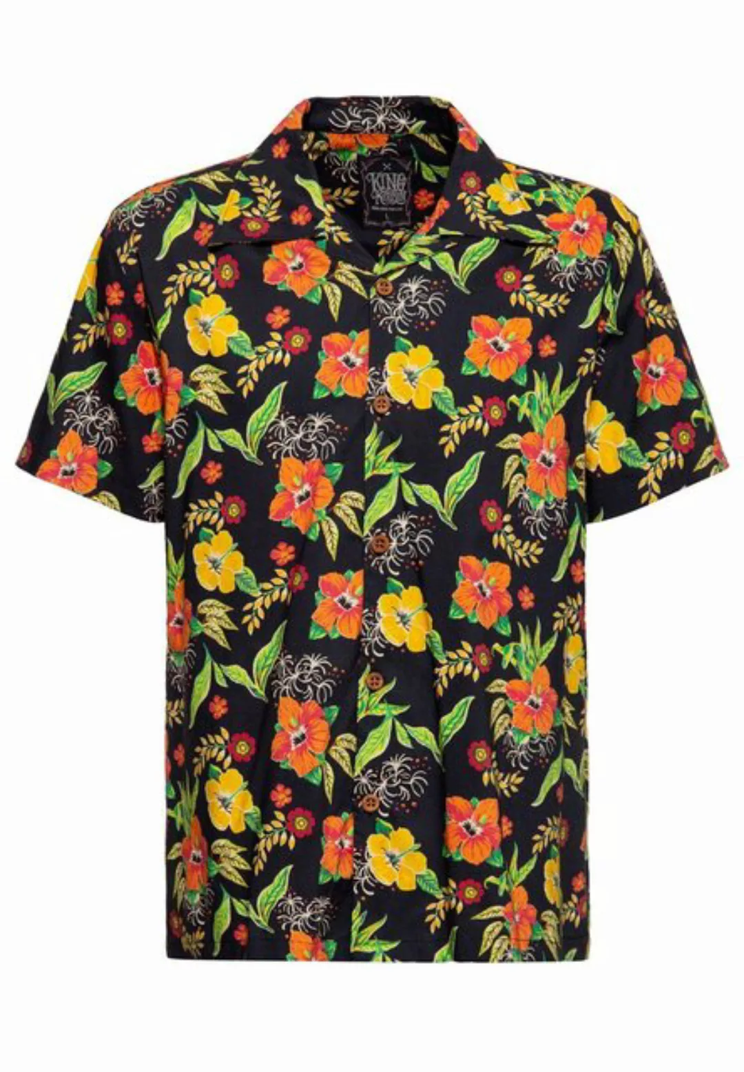 KingKerosin Kurzarmhemd Hibiscus Black mit tropischem All-over-Print & aus günstig online kaufen