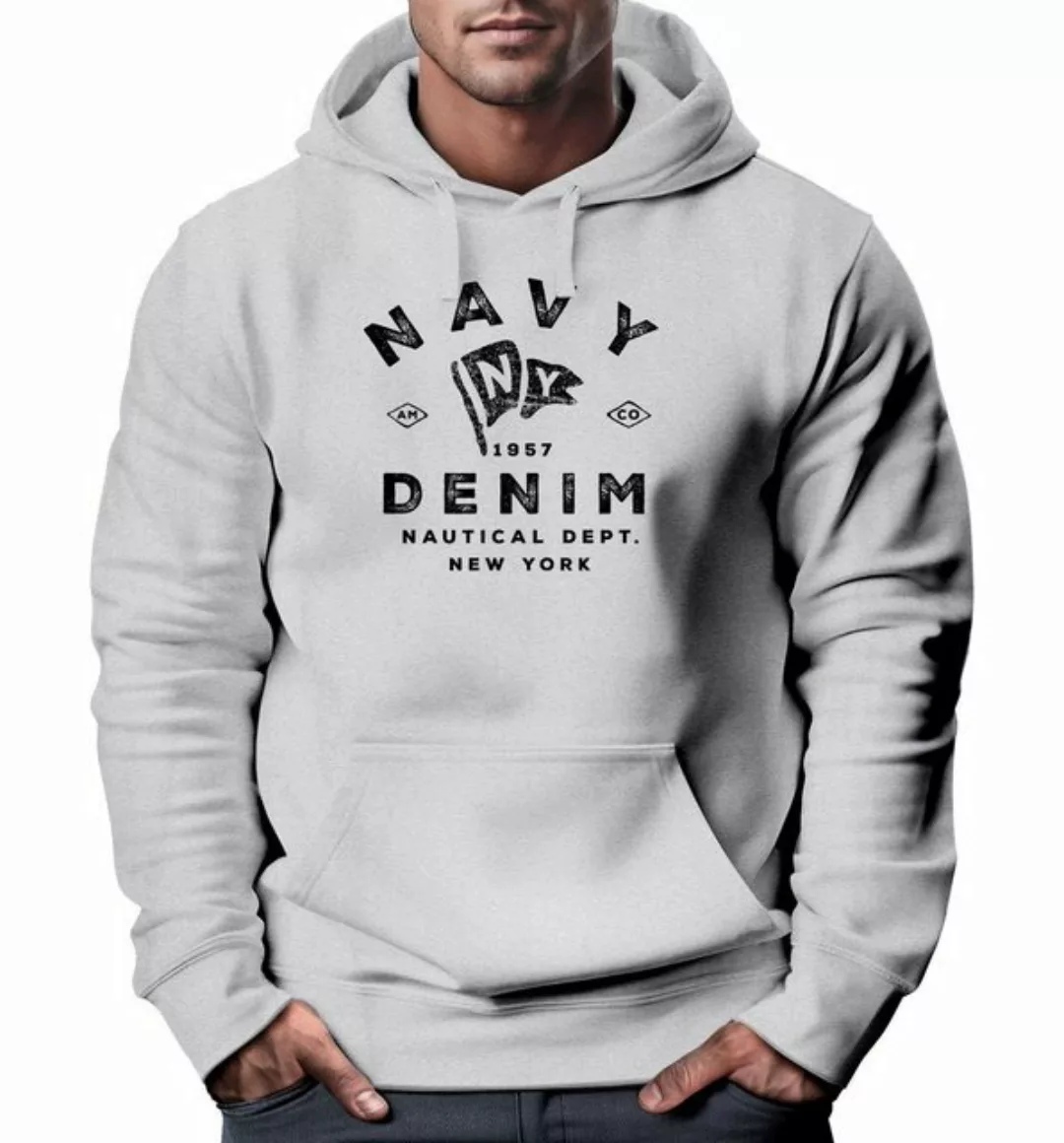 Neverless Hoodie Hoodie Herren vintage Motiv Schriftzug Navy Denim Nautical günstig online kaufen