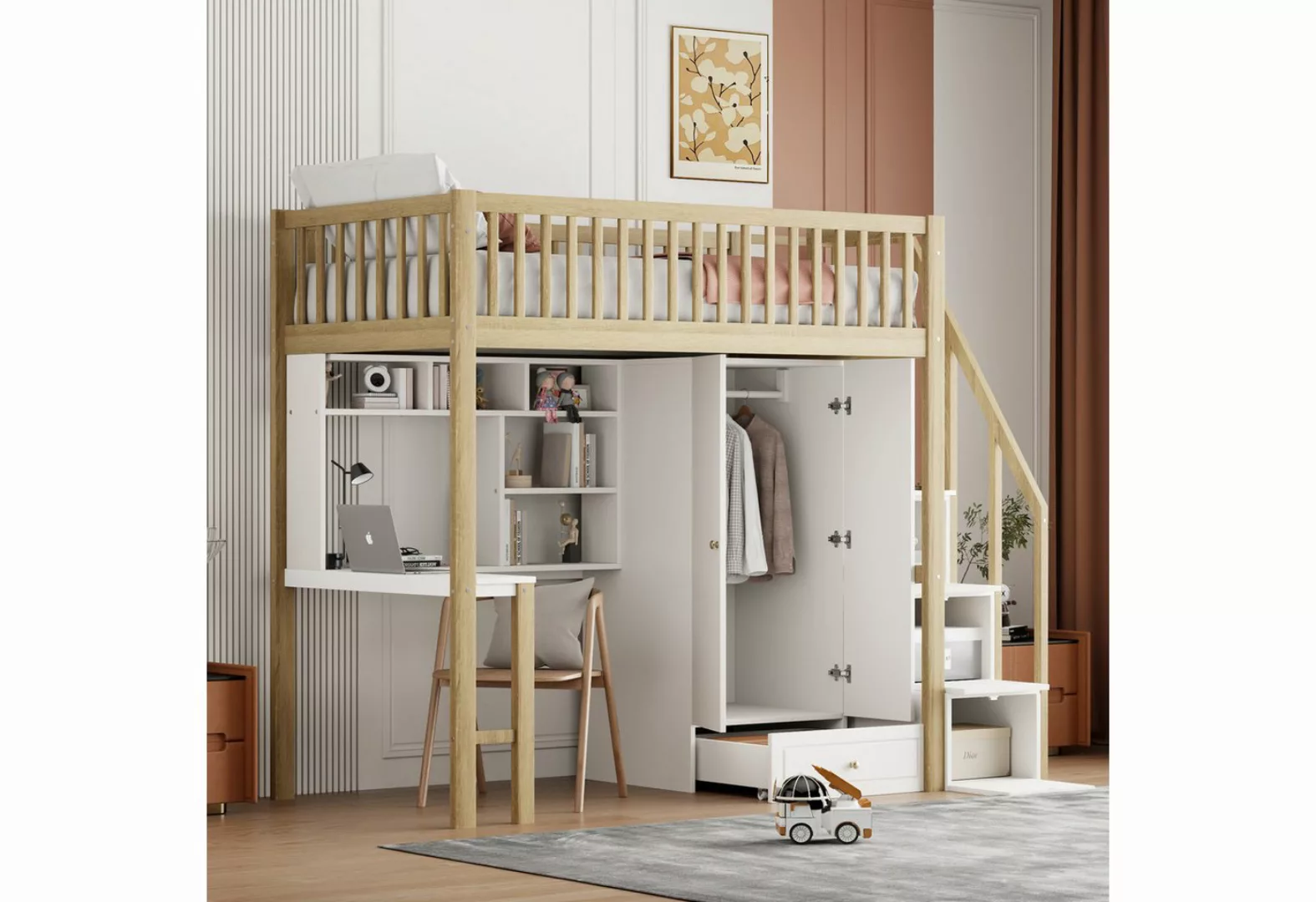 WISHDOR Kinderbett Hochbett mit großem Kleiderschrank Regal und Tisch (Stau günstig online kaufen
