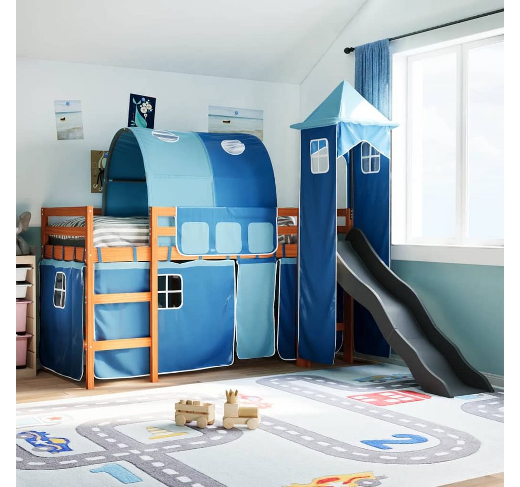 vidaXL Bett, Kinderhochbett mit Turm Blau 90x200 cm Massivholz Kiefer günstig online kaufen