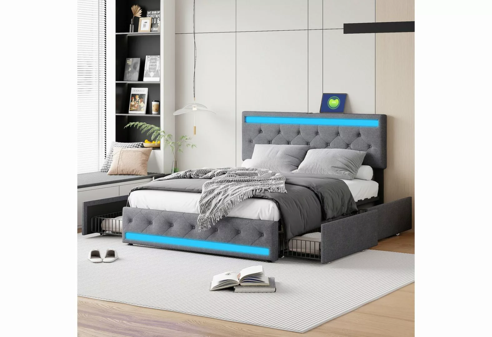 Furnishings Home Polsterbett Doppelbett mit 4 Schubladen + LED-Leuchten + U günstig online kaufen