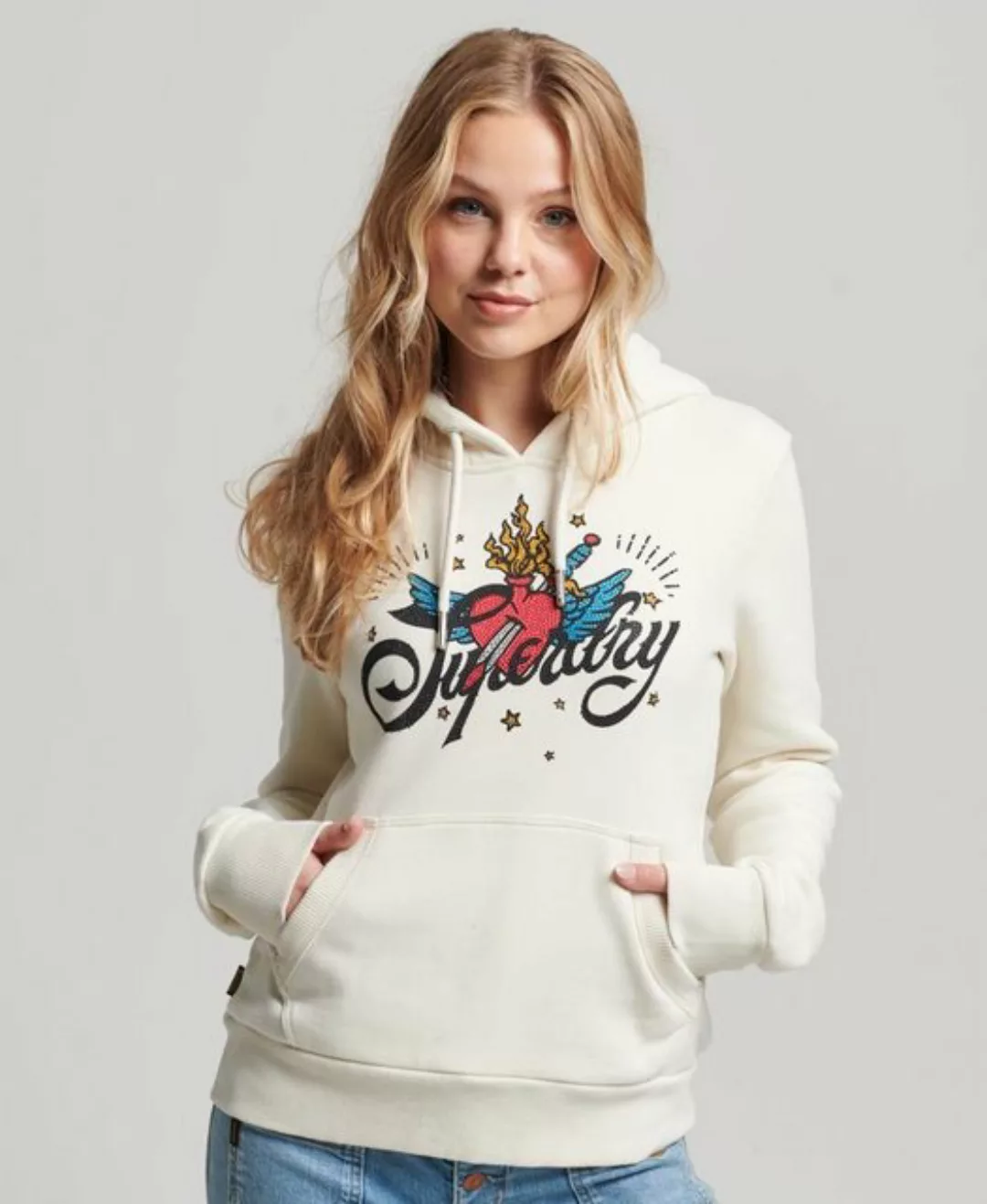 Superdry Sweater TATTOO SCRIPT GRAPHIC HOODIE Cream günstig online kaufen