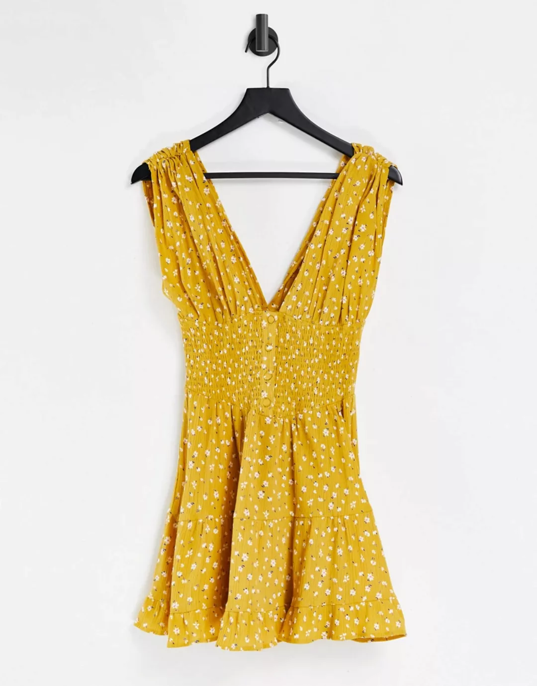 ASOS DESIGN – Gestuftes geblümtes Mini-Sommerkleid mit geraffter Taille, Kn günstig online kaufen