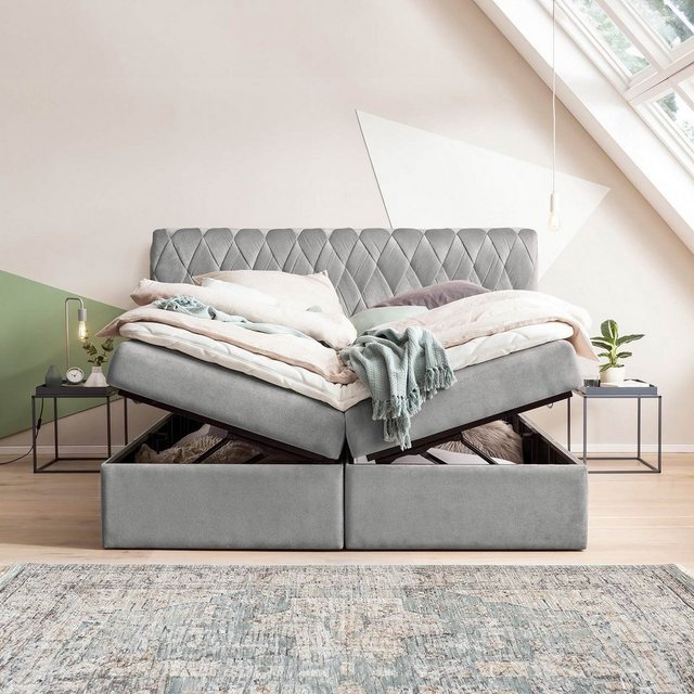 BettCo Stauraumbett Boxspringbett mit Bettkasten Lyon (in Silber Samt, 160 günstig online kaufen