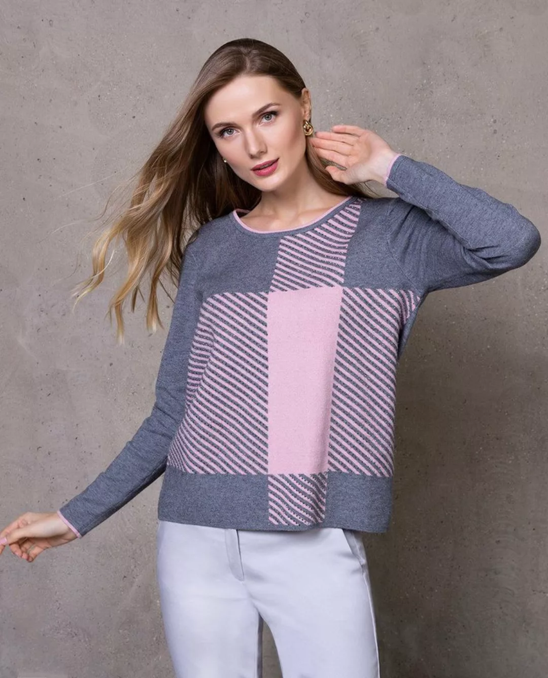 Passioni Strickpullover Lässiger Pullover mit Karomuster und Blockstreifen günstig online kaufen