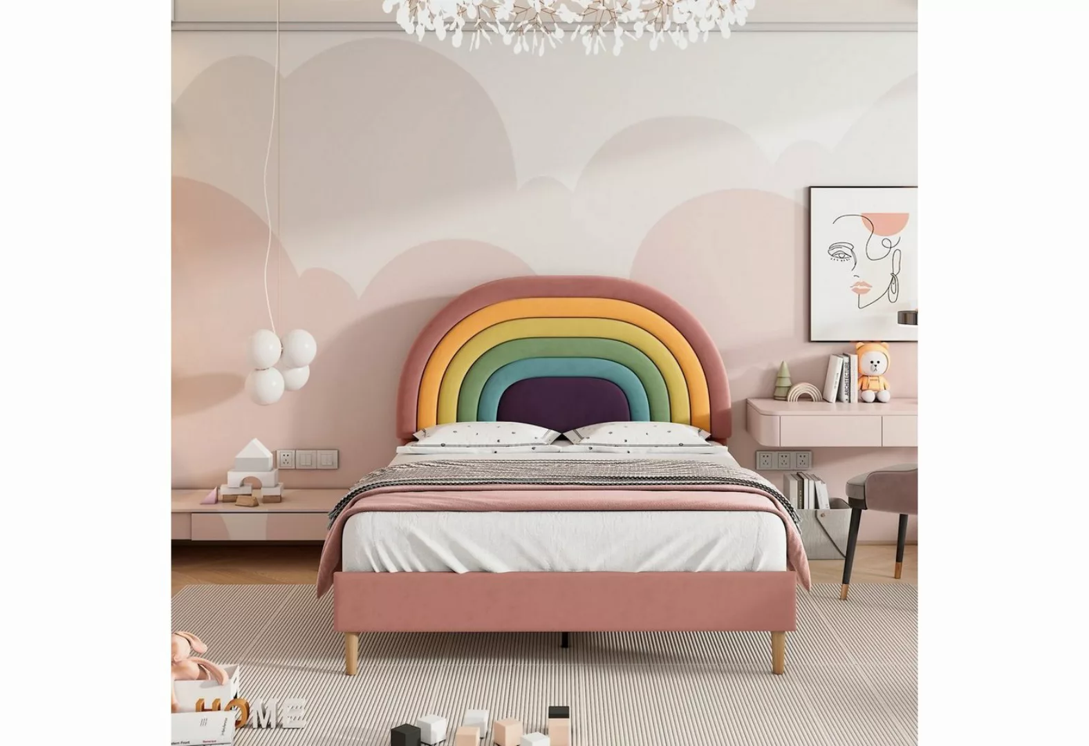 Fangqi Polsterbett Polsterbett, Jugendbett für Mädchen, Regenbogen Kopfteil günstig online kaufen