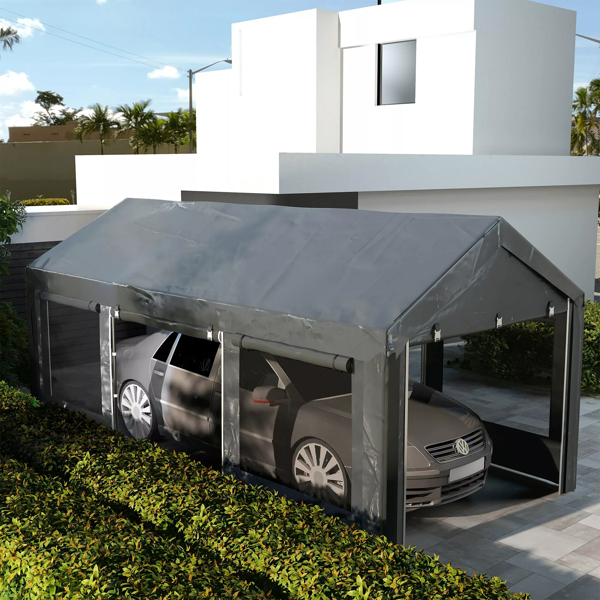 Outsunny Carport 6x3m Partyzelt höhenverstellbar Autogarage mit 4 Netzfenst günstig online kaufen