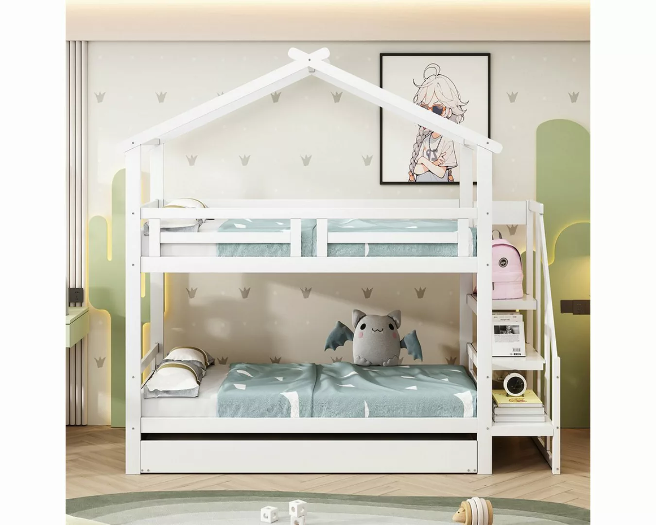 XDeer Kinderbett Hausbett mit Stauraum und Sicherheitsleiter Rollcontainer, günstig online kaufen