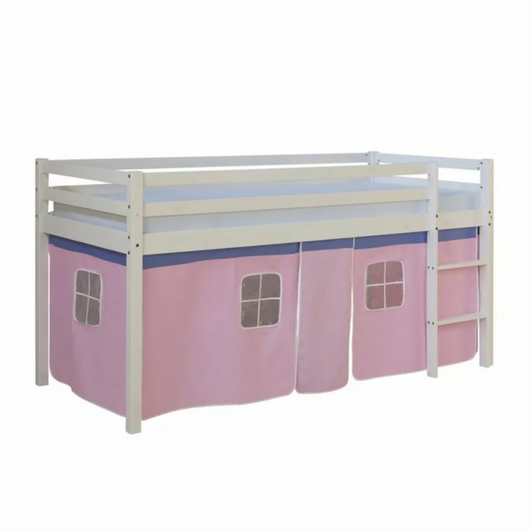 Homestyle4u Hochbett Kinderbett mit Leiter und Vorhang Weiß Rosa Holz Kiefe günstig online kaufen