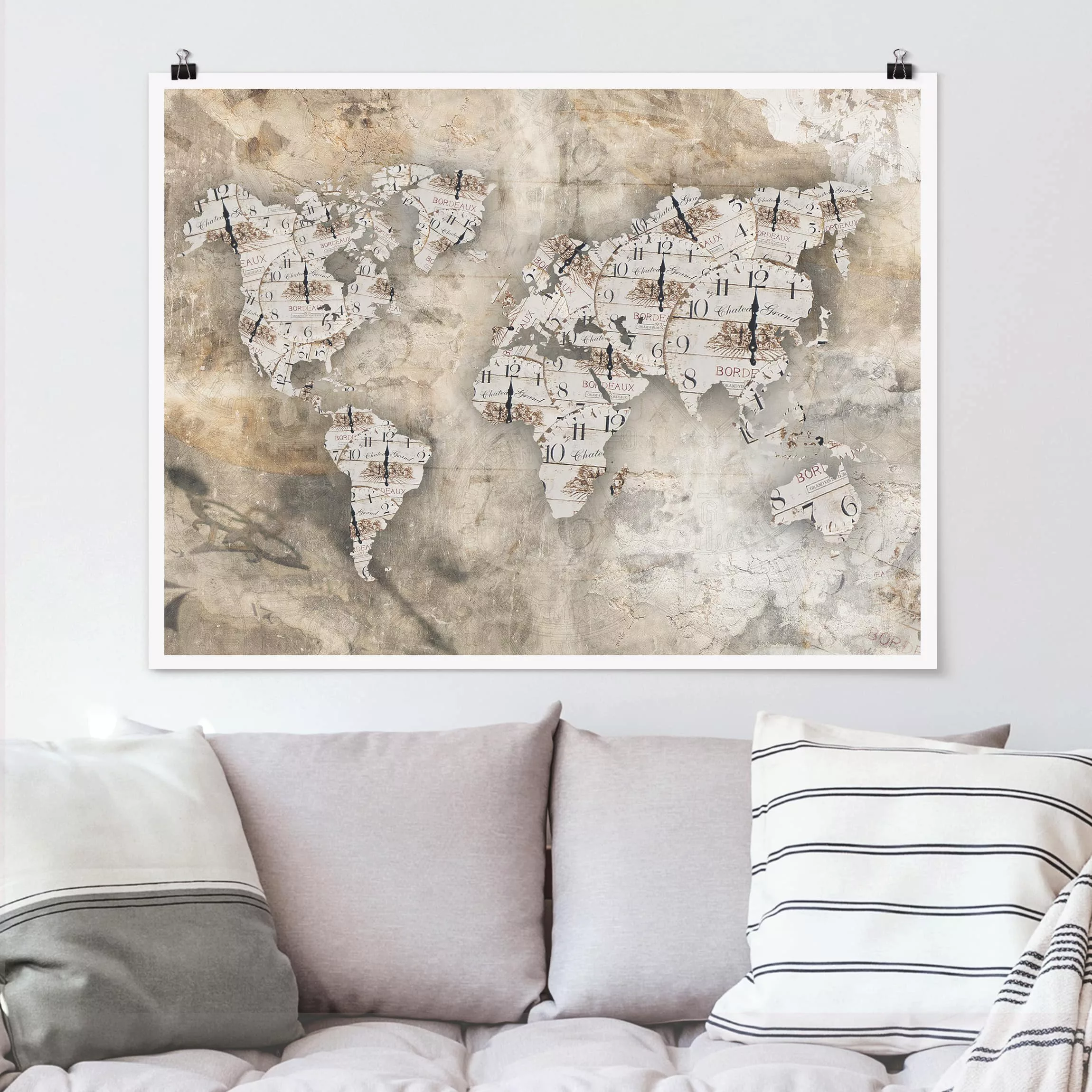 Poster Stadt-, Land- & Weltkarten - Querformat Shabby Uhren Weltkarte günstig online kaufen