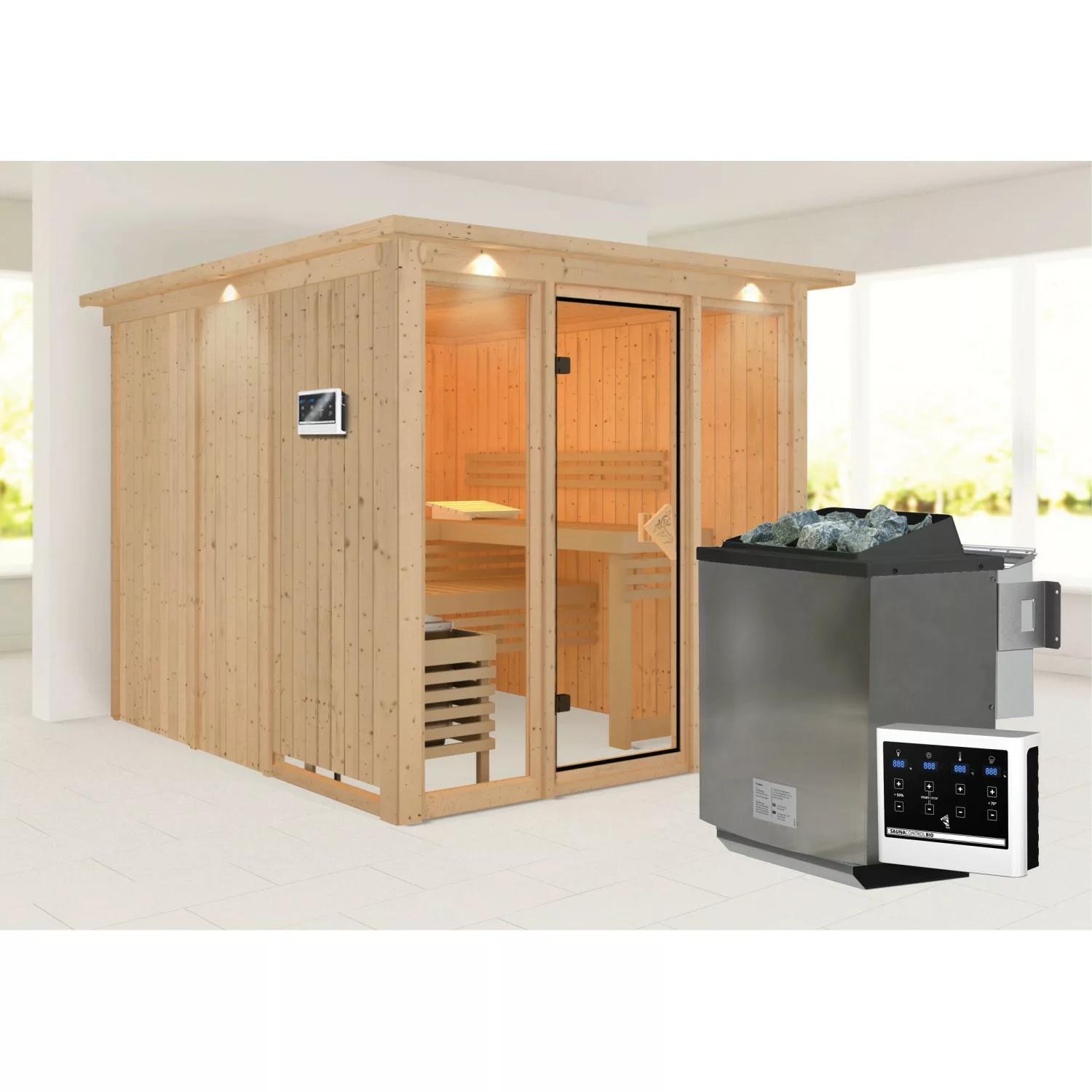 Karibu Sauna Svava Glasfront m. Kranz Set Natur m. Ofen 9 kW Bio ext. Strg. günstig online kaufen