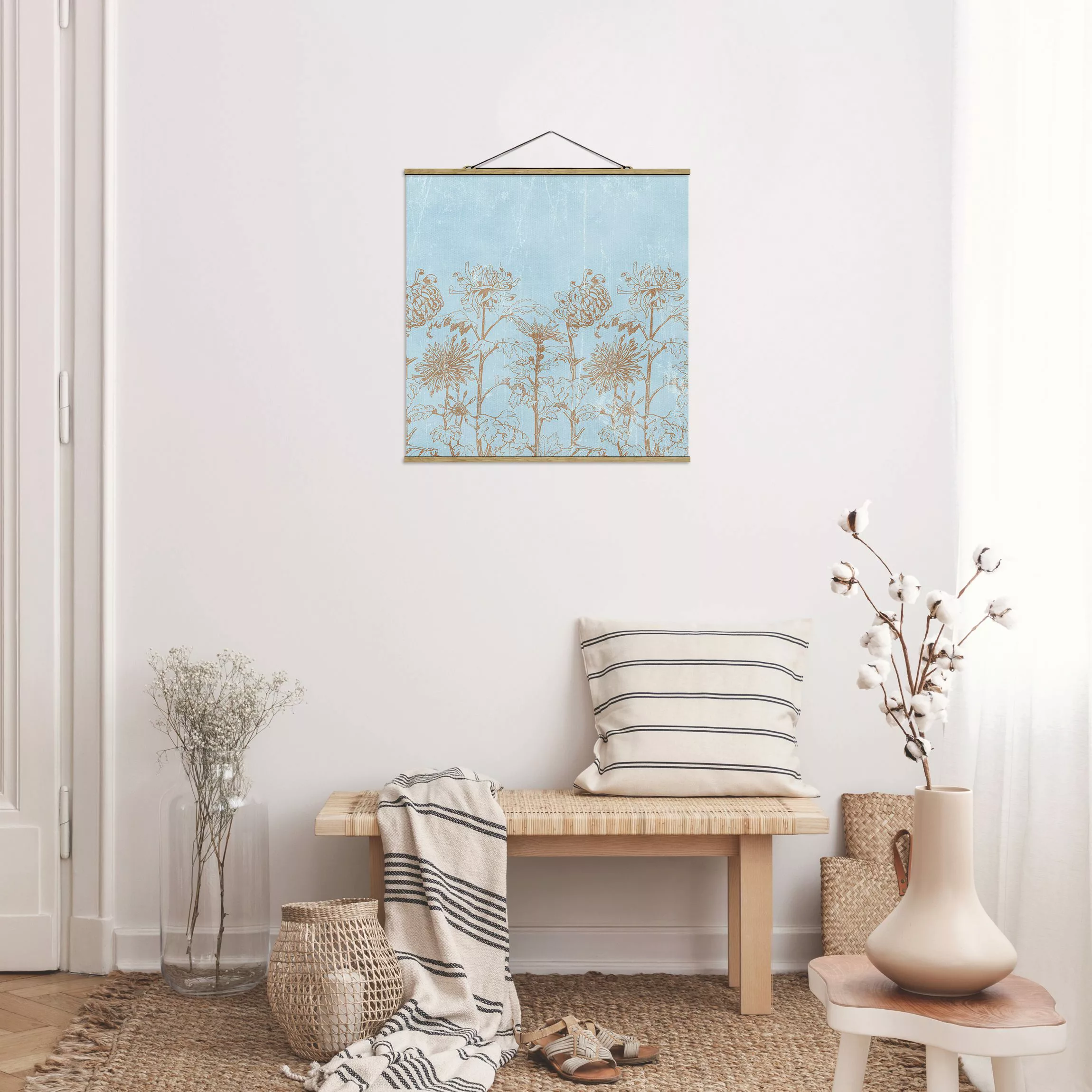 Stoffbild Blumen mit Posterleisten - Quadrat Radierung in Blau günstig online kaufen