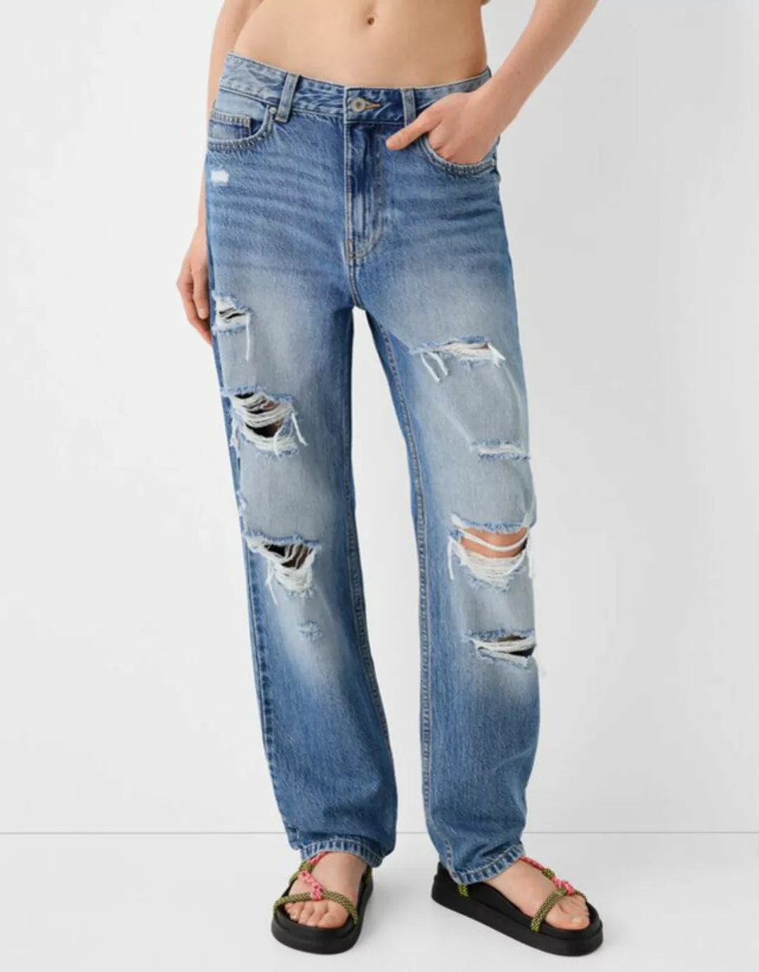 Bershka Cropped-Jeans Im Straight-Fit Damen 38 Ausgewaschenes Blau günstig online kaufen