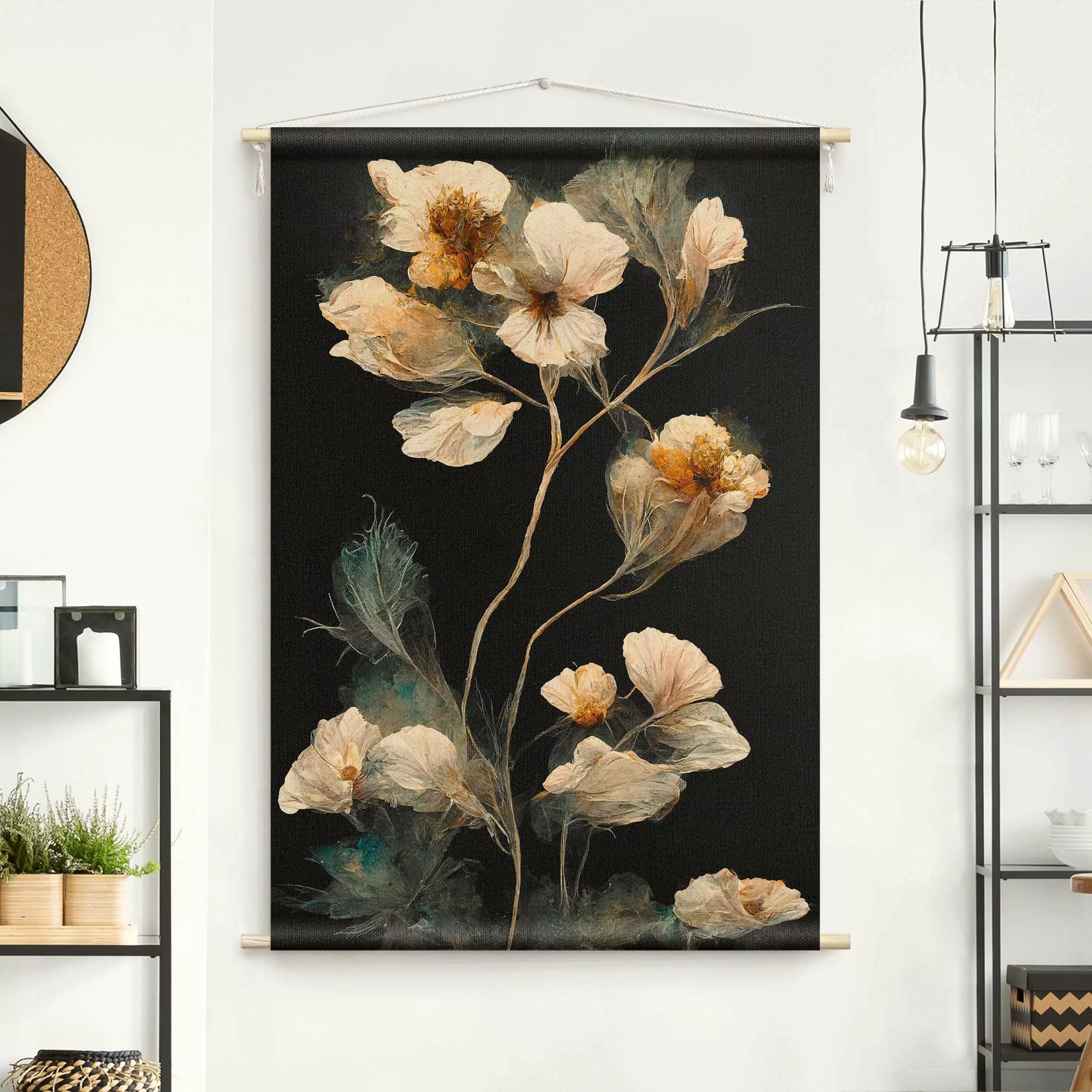 Wandteppich Helle Blüten auf Schwarz günstig online kaufen