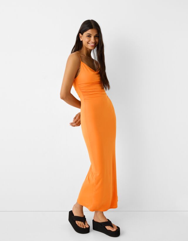 Bershka Drapiertes Maxikleid Mit Trägern Damen Xs Orange günstig online kaufen