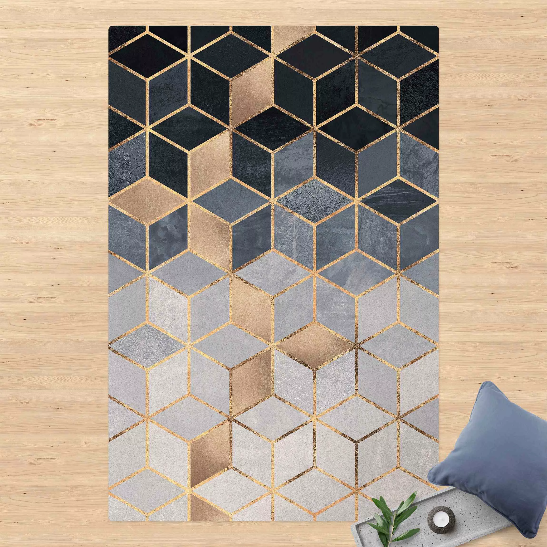 Kork-Teppich Blau Weiß goldene Geometrie günstig online kaufen