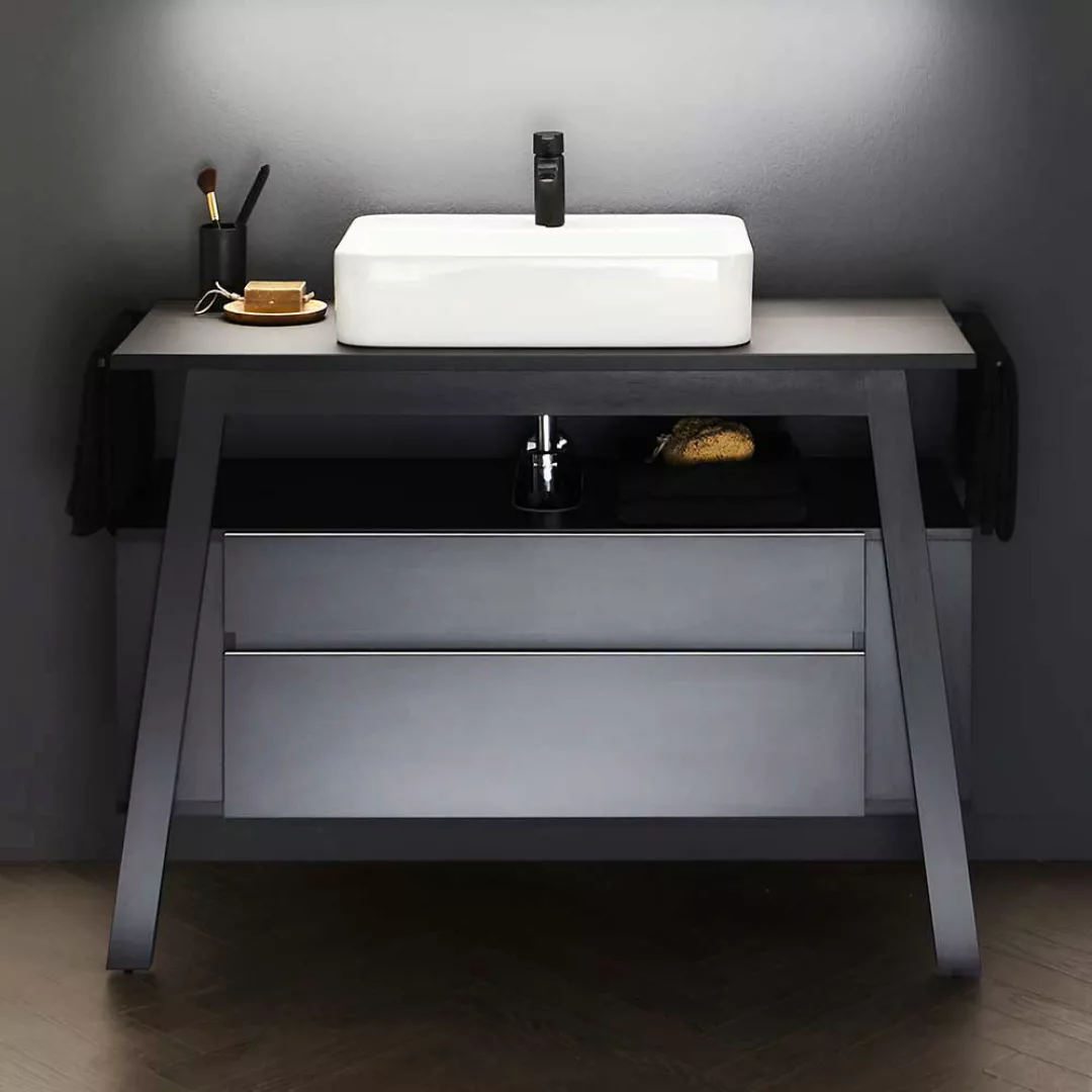 Moderner Waschtischschrank in Schwarz zwei Schubladen günstig online kaufen