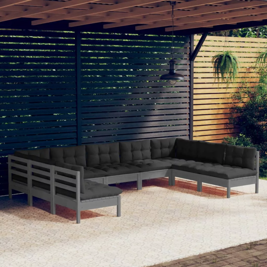 9-tlg. Garten-lounge-set Mit Kissen Grau Kiefer Massivholz günstig online kaufen