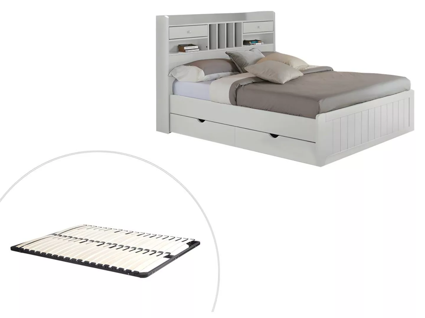 Bett mit Stauraum & Schubladen + Lattenrost - 140 x 190 cm - Kiefer - Weiß günstig online kaufen