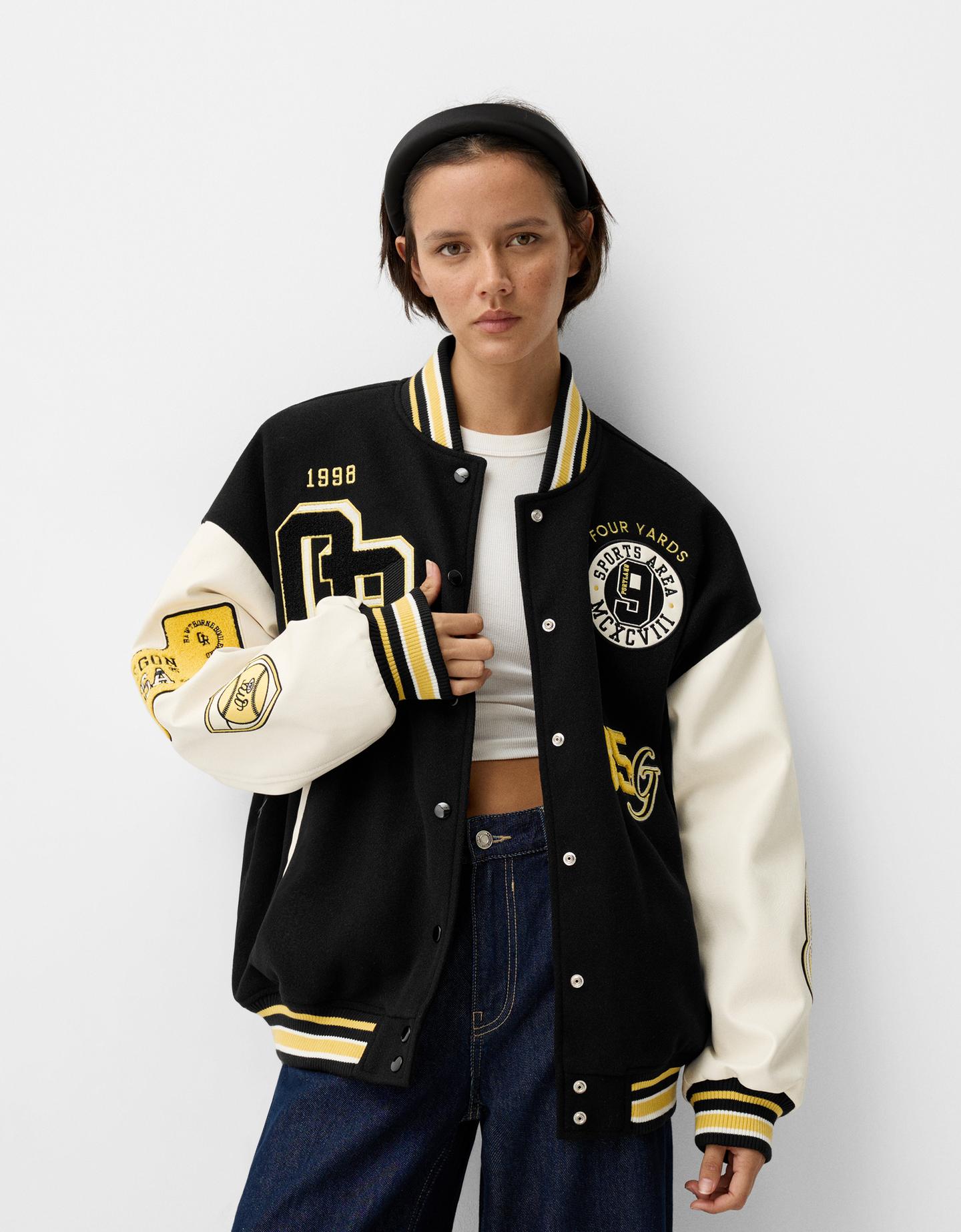 Bershka Varsity-Jacke Mit Farblich Abgesetzten Ärmeln Damen S Schwarz günstig online kaufen