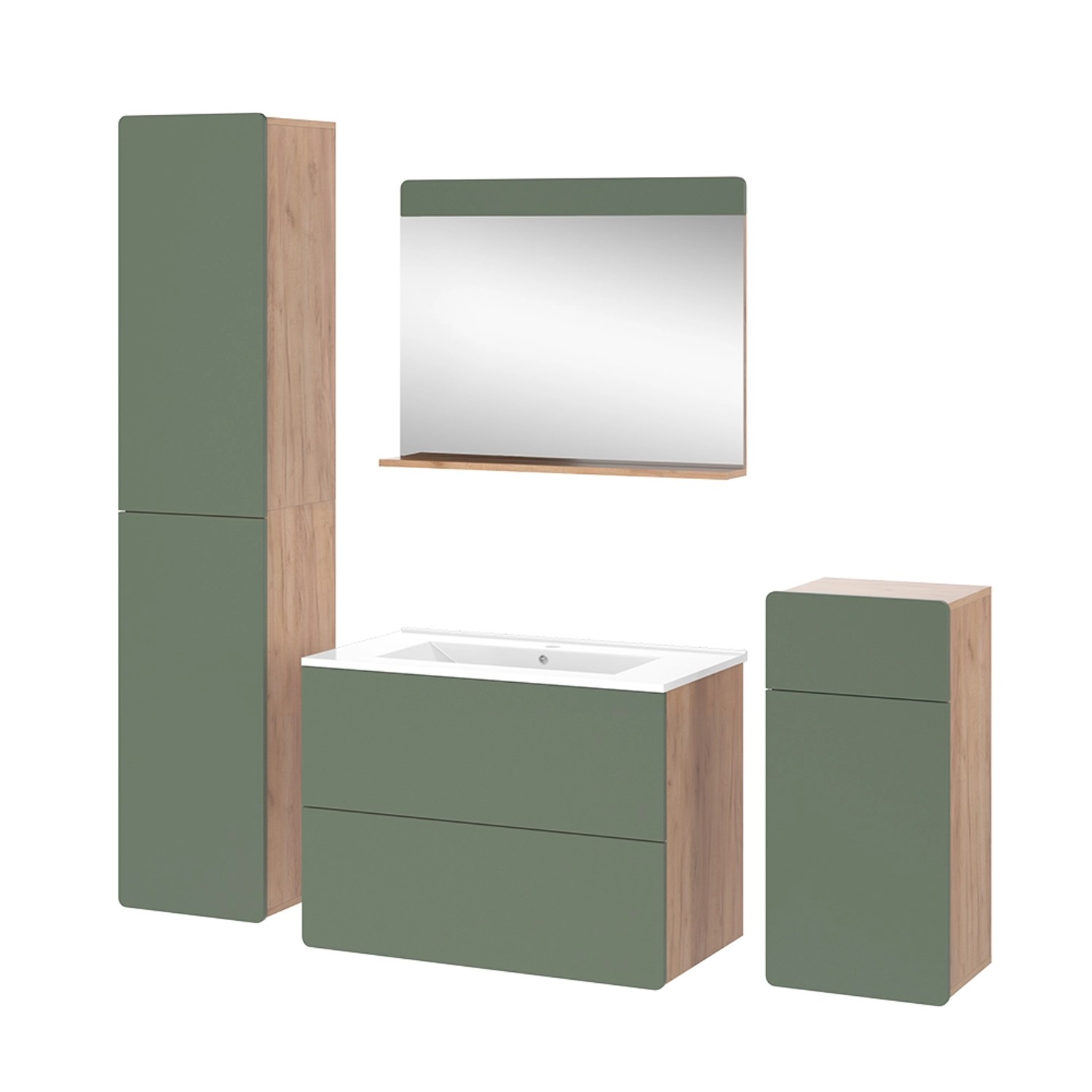 Vicco Badmöbel-Set Izan Goldkraft Eiche/Grün 5 Teile mit Hoch- und Midischr günstig online kaufen