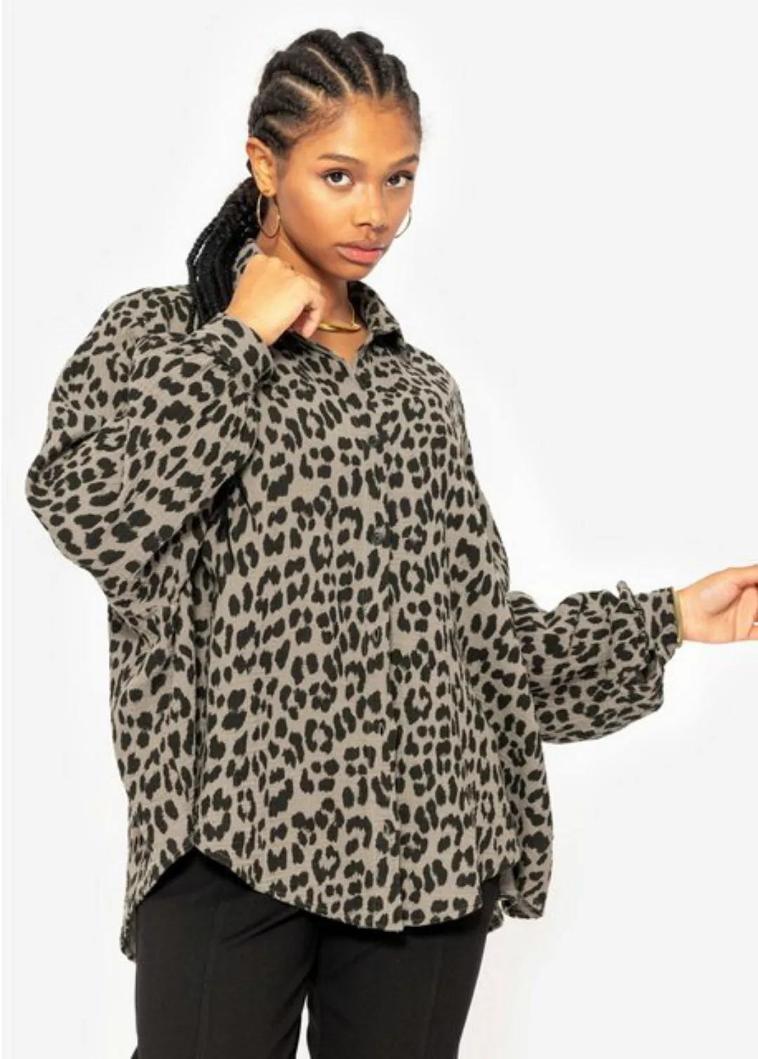 SASSYCLASSY Longbluse Oversize Musselin Bluse Damen Langarm Leo-Print Hemdb günstig online kaufen