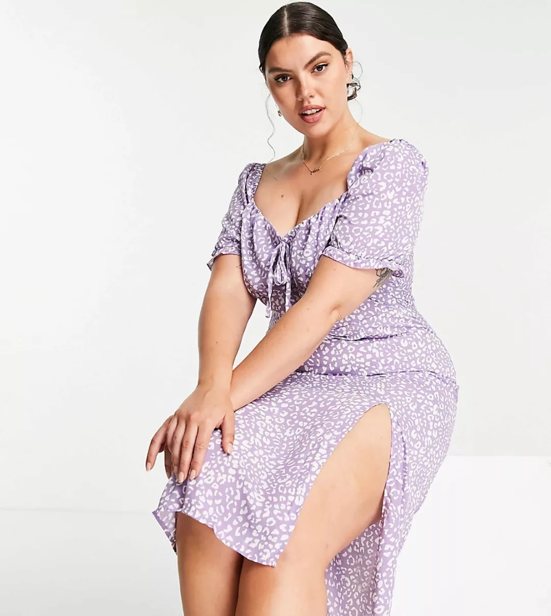 Missguided Plus – Milkmaid-Kleid in Lila mit Leopardenprint günstig online kaufen
