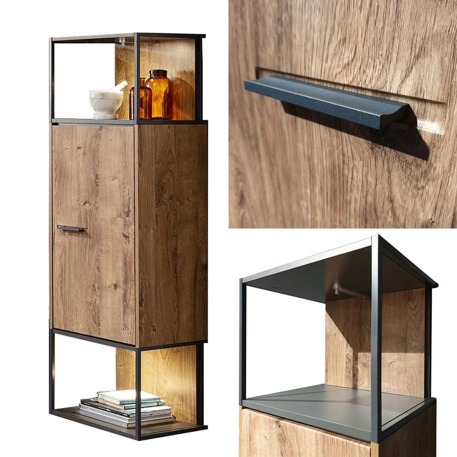 Moderne Industrial Stand-/Hängevitrine in Haveleiche Cognac mit Matera anth günstig online kaufen