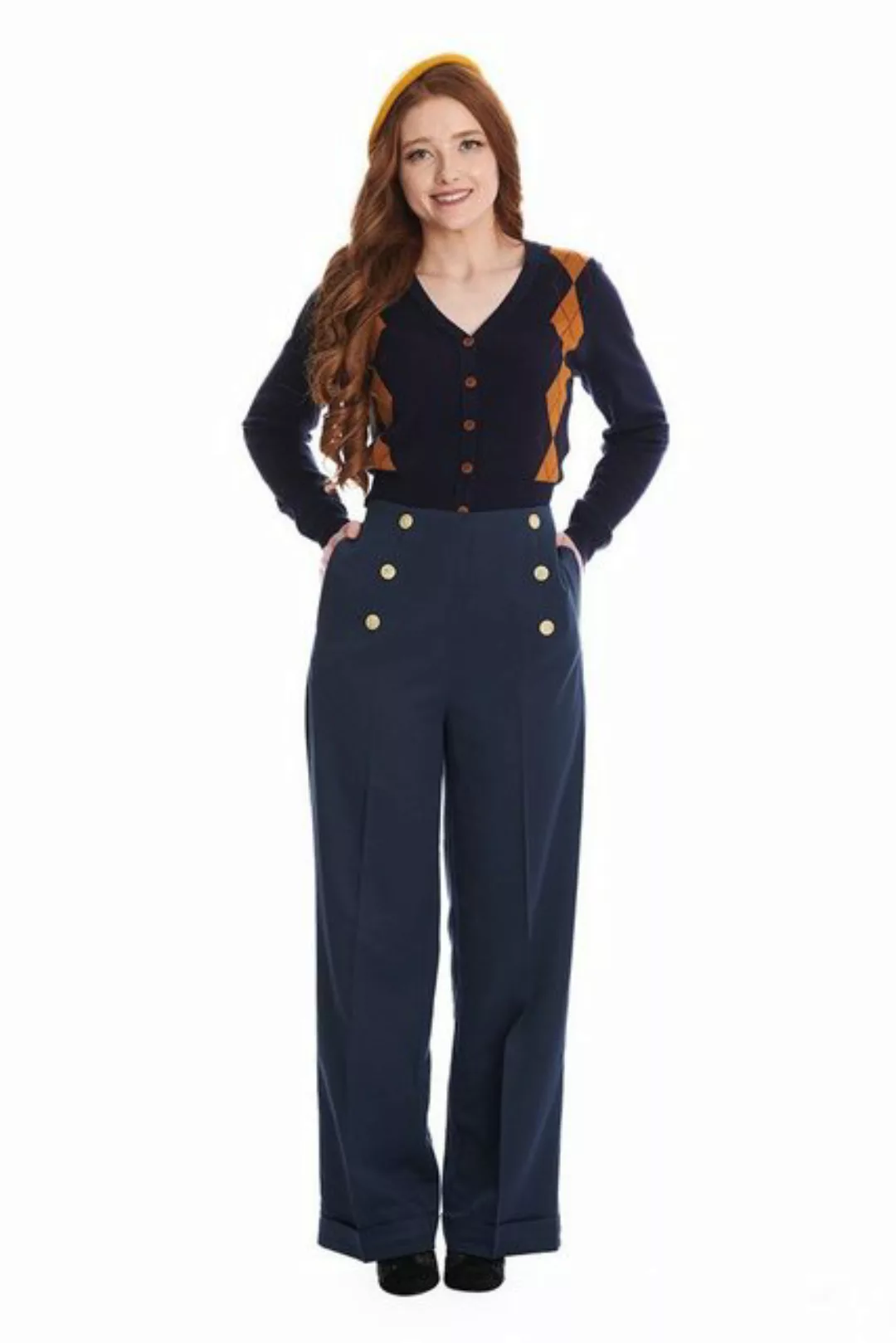 Banned Marlene-Hose Retro Adventures Ahead Navy Blau Vintage Trousers 40er günstig online kaufen