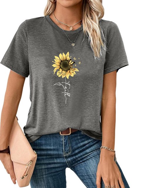 PYL T-Shirt Damen Sommer Kurzarmbluse Locker Sonnenblume Print-Shirt günstig online kaufen