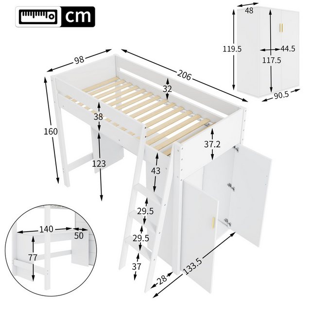 Flieks Hochbett Kinderbett 90x200cm mit Leiter, Schreibtisch und Kleidersch günstig online kaufen