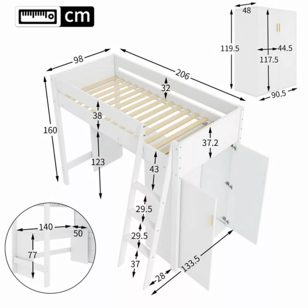 Flieks Hochbett Kinderbett 90x200cm mit Leiter, Schreibtisch und Kleidersch günstig online kaufen