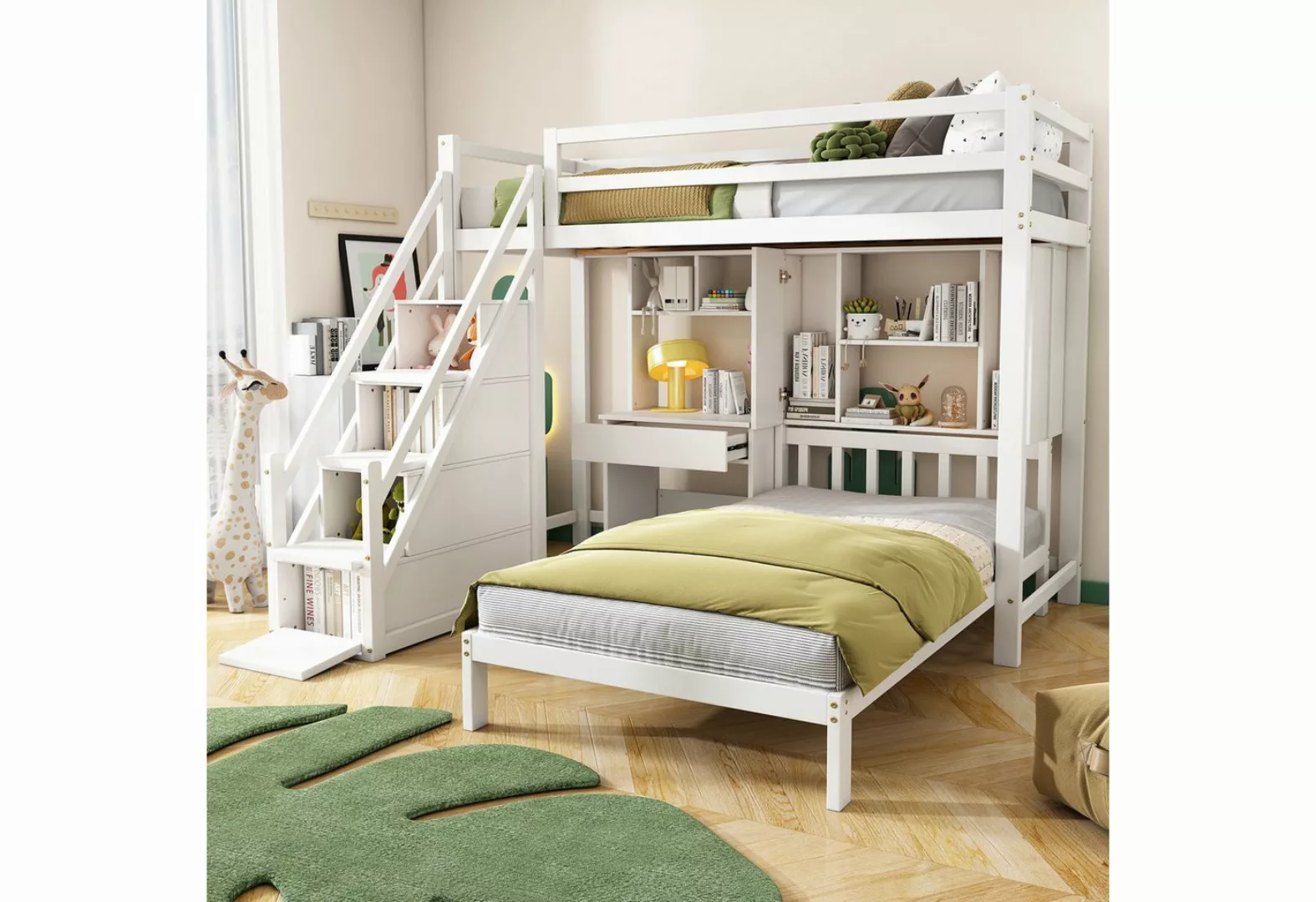 MODFU Etagenbett Doppelbett (mit Schreibtisch und Regale, mit Lattenrost, w günstig online kaufen