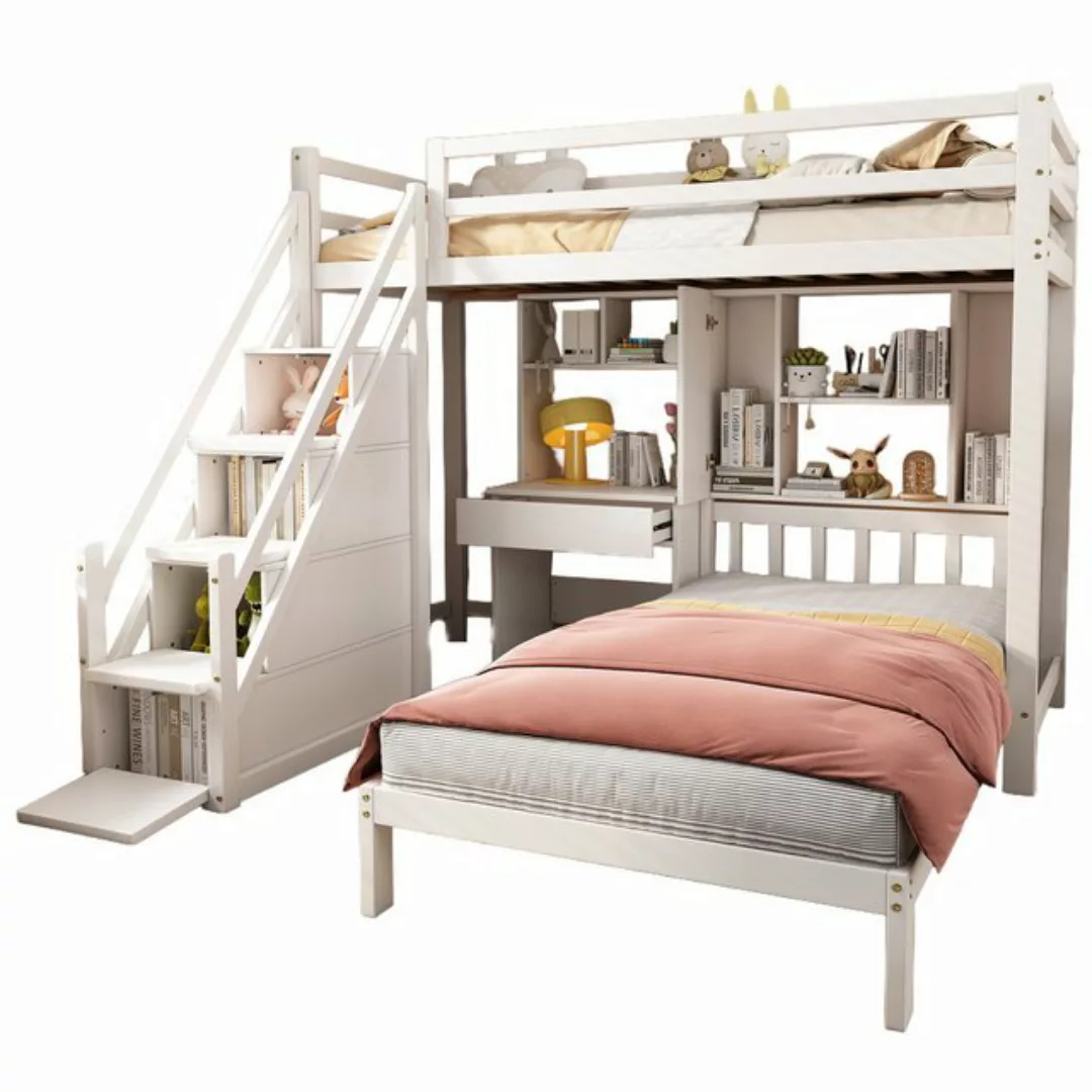 Flieks Etagenbett, Kiefernholz Kinderbett mit Schreibtisch und Treppe 90x20 günstig online kaufen